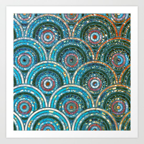 Aqua Teal Blue and Green Sparkling Faux Glitter Circles and Dots Art Print