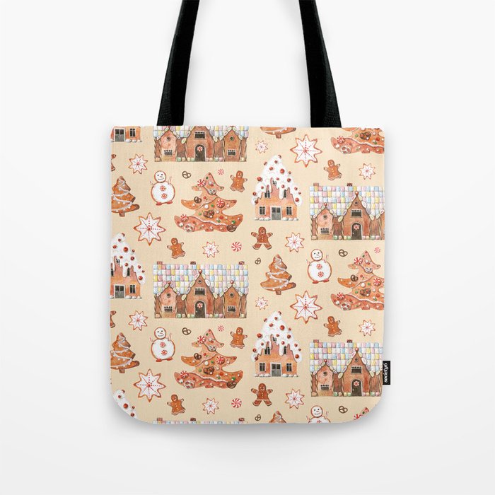Hand drawn watercolour seamless pattern of gingerbread houses, christmas tree, snowman, snowflakes with the sweets on the beige background.  Tote Bag
