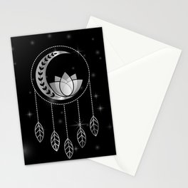 Mystic lotus dream catcher with feathers and foliage in silver Stationery Card