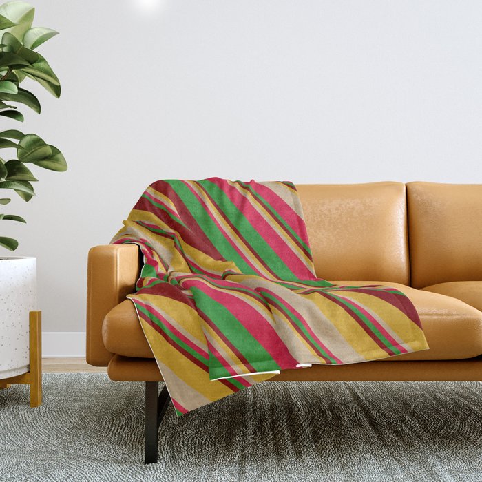 Colorful Goldenrod, Tan, Crimson, Forest Green & Maroon Colored Striped/Lined Pattern Throw Blanket