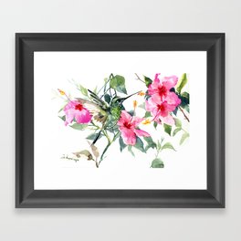 Hibiscus and Hummingbird, Hawaiian Aloha, birds and flowers design Framed Art Print