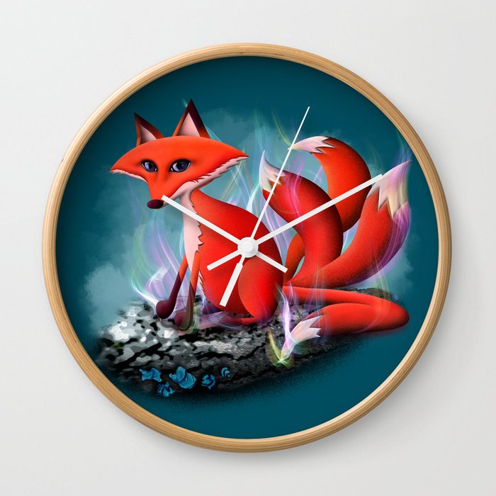 Kumi the Four Tailed Fox! Colorful Fantasy Nature Art Wall Clock