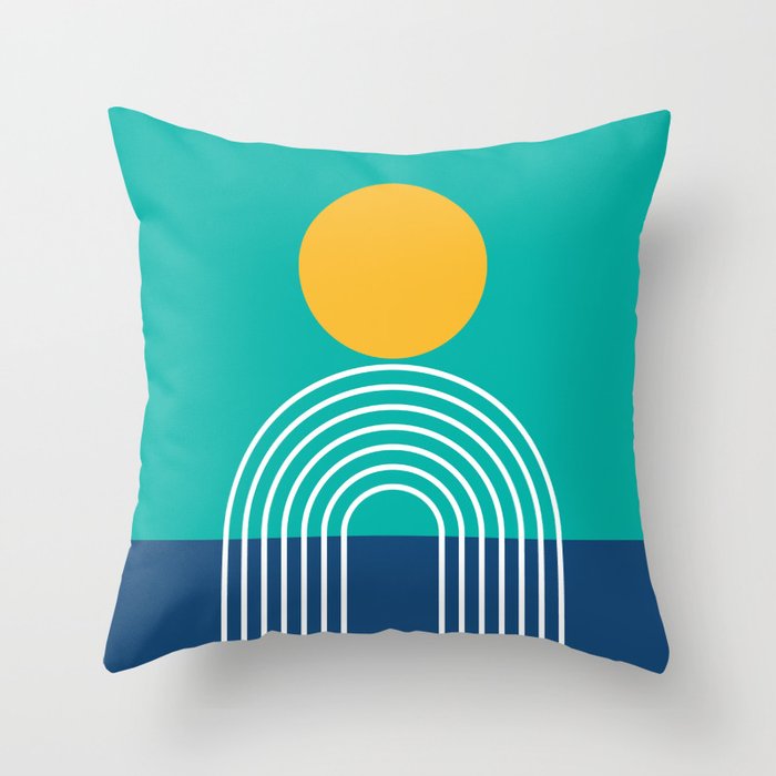 Geometric Lines in Blue Teal Yellow (Sun and Rainbow abstraction) Throw Pillow