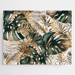 Golden and green tropical leaves on a white background. Seamless pattern in the style of Hawaii. Botanical background. Jigsaw Puzzle