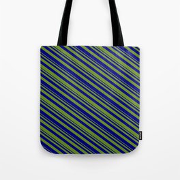 [ Thumbnail: Green & Blue Colored Striped/Lined Pattern Tote Bag ]