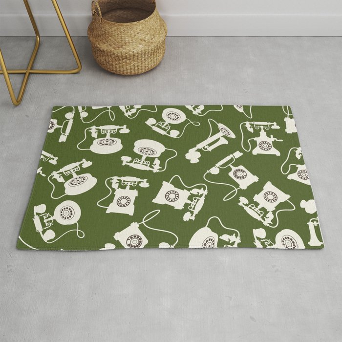Vintage Rotary Dial Telephone Pattern on Olive Green Rug