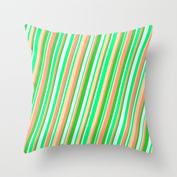 Vibrant Light Cyan, Green, Tan, Light Salmon & Lime Green Colored Striped Pattern Throw Pillow