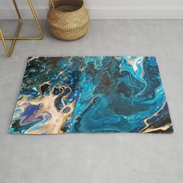 Midnight Blue + Molten Gold Abstract Fluid Marble Painting Rug