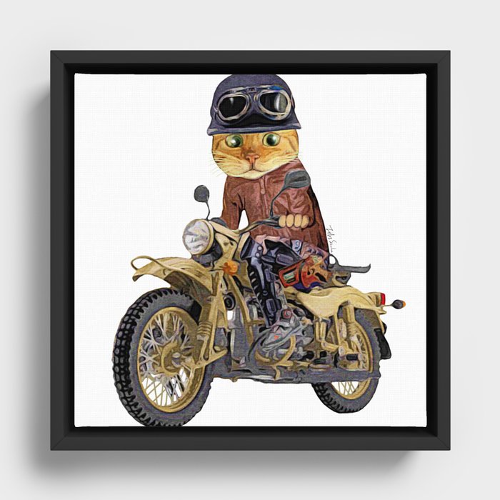 Cat riding motorcycle Framed Canvas
