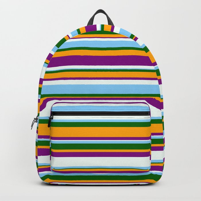 Eyecatching Orange, Purple, Mint Cream, Light Sky Blue & Dark Green Colored Stripes/Lines Pattern Backpack
