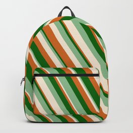 [ Thumbnail: Chocolate, Dark Green, Dark Sea Green & Beige Colored Lines Pattern Backpack ]