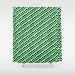 [ Thumbnail: Colorful Dark Sea Green, Dark Cyan, Green, Pale Goldenrod & Dark Red Colored Lined/Striped Pattern Shower Curtain ]