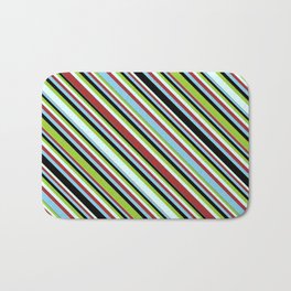 [ Thumbnail: Green, Light Cyan, Brown, Sky Blue & Black Colored Striped Pattern Bath Mat ]