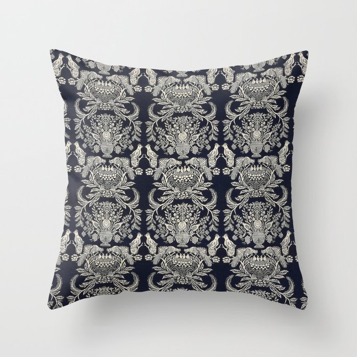 Navy Blue and White Antique Print with Birds and Nests Throw Pillow
