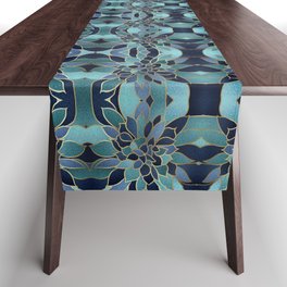 Festive, Floral Prints, Navy Blue, Teal and Gold Table Runner
