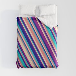 [ Thumbnail: Light Coral, Bisque, Purple, Dark Blue, and Dark Turquoise Colored Lined/Striped Pattern Duvet Cover ]