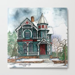 Blue House on a Grey Day Metal Print | Painting, Blue, Shelleyylstart, Gingerbread, Vintage, House, Nature, Landscape, Illustration, Home 