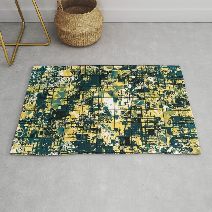 psychedelic geometric square pattern abstract background in green and yellow Rug
