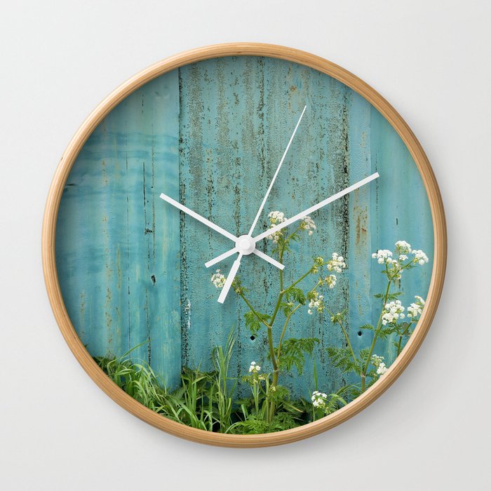 natural wild flowers floral outdoors blue metal fence texture Wall Clock