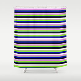 [ Thumbnail: Vibrant Violet, Chartreuse, Blue, Black & White Colored Stripes/Lines Pattern Shower Curtain ]