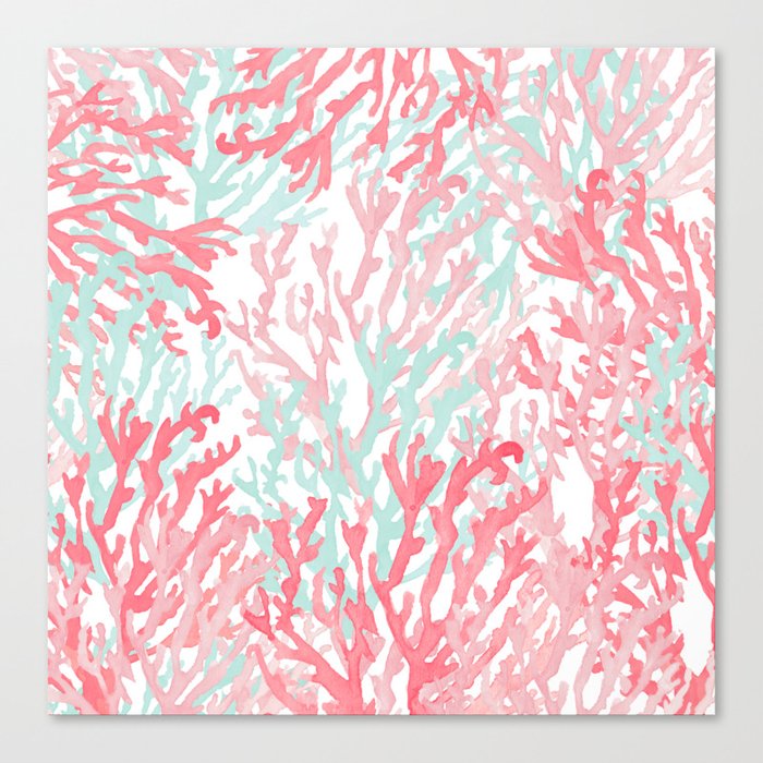 Modern hand painted coral pink teal reef coral floral Canvas Print