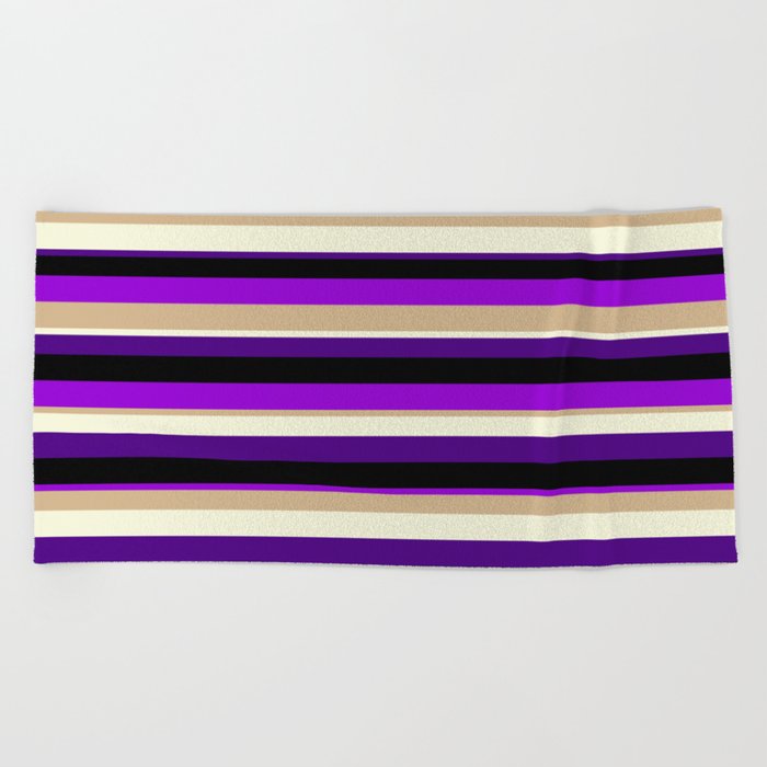 Colorful Black, Dark Violet, Tan, Beige, and Indigo Colored Lined/Striped Pattern Beach Towel