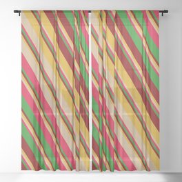 [ Thumbnail: Colorful Goldenrod, Tan, Crimson, Forest Green & Maroon Colored Striped/Lined Pattern Sheer Curtain ]