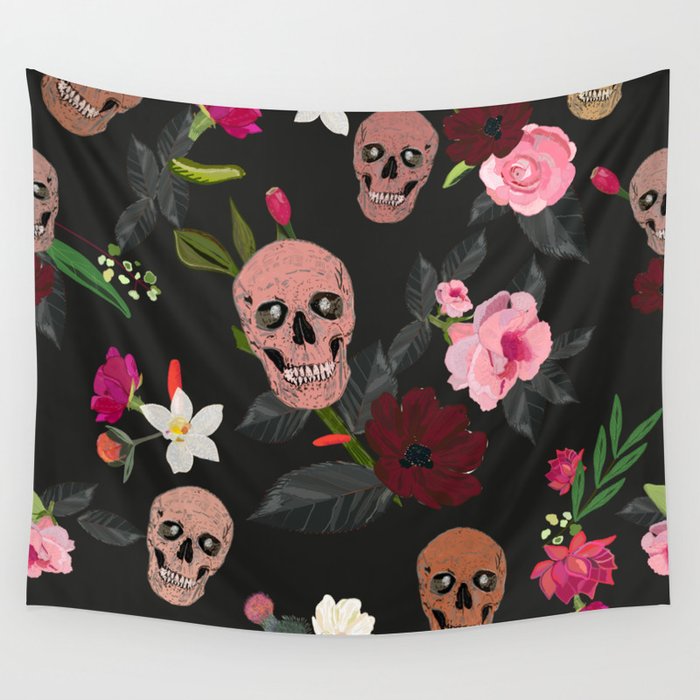 Skull and Roses, Vanilla, Cosmos Flower. Floral Colorful Bouquet Pattern Wandbehang