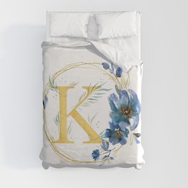 Letter K Golden With Watercolor Flowers Initial Monogram Duvet Cover