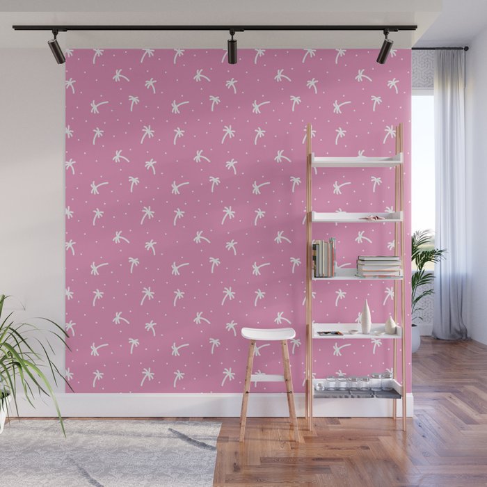 Hot Pink And White Doodle Palm Tree Pattern Wall Mural