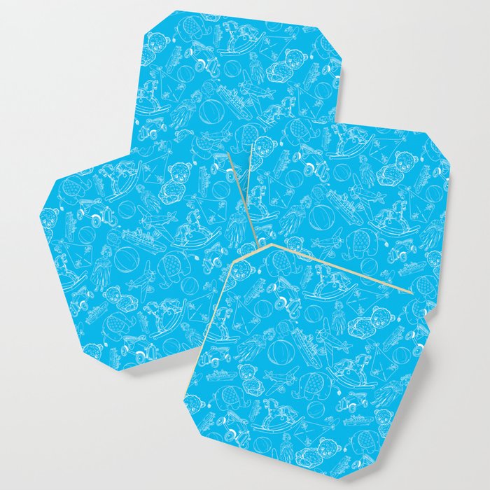 Turquoise and White Toys Outline Pattern Coaster