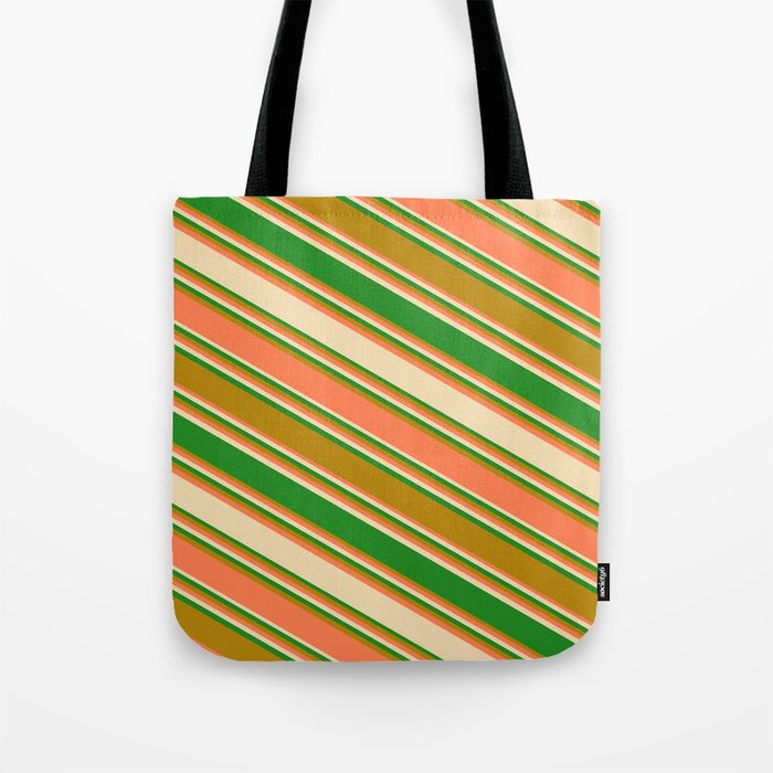 Coral, Tan, Forest Green, and Dark Goldenrod Colored Stripes/Lines Pattern Tote Bag