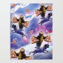 Space Sloth Riding Pug Pugicorn Unicorn Eating Pizza Poster