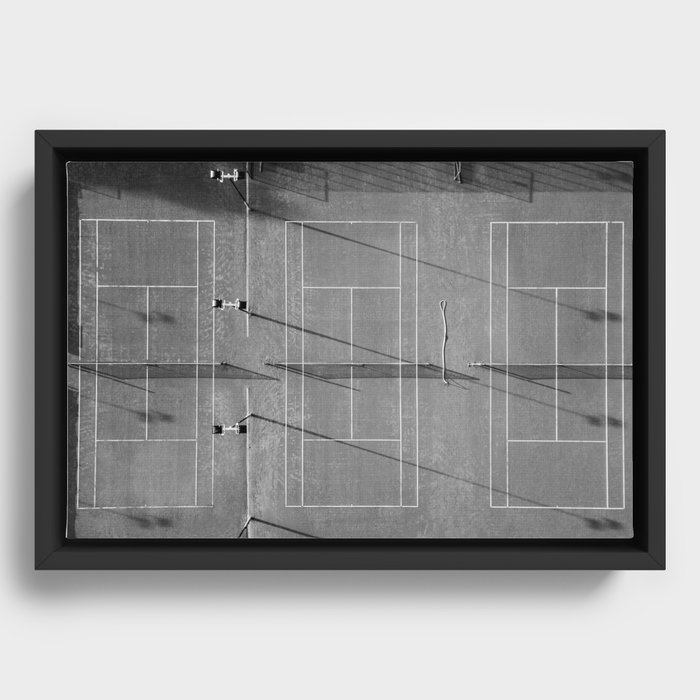 Grey tennis court at sunrise | black and white drone aerial photography art | sports field print Framed Canvas