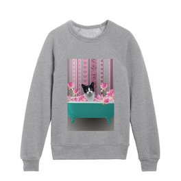 Black and White Cat in Bathtub with Lotos Flowers Kids Crewneck