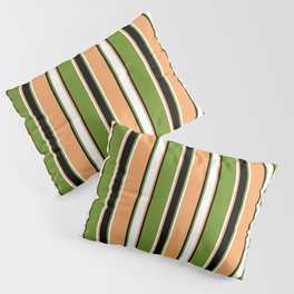 [ Thumbnail: Brown, White, Green, and Black Colored Striped/Lined Pattern Pillow Sham ]