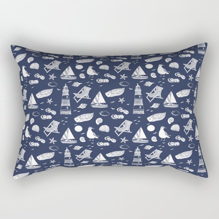 Navy Blue And White Summer Beach Elements Pattern Rectangular Pillow