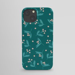 Pink Berries on Turquoise Christmas Pattern Background iPhone Case