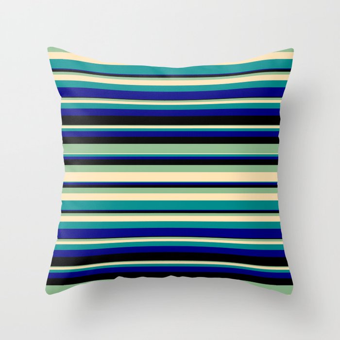 Vibrant Dark Sea Green, Beige, Dark Cyan, Blue & Black Colored Striped/Lined Pattern Throw Pillow