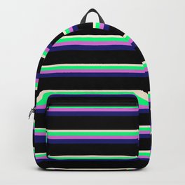 [ Thumbnail: Beige, Green, Orchid, Midnight Blue, and Black Colored Lined Pattern Backpack ]
