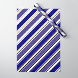[ Thumbnail: Dark Slate Blue, Pale Goldenrod, Blue & White Colored Lines Pattern Wrapping Paper ]
