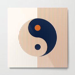 Geometric Lines Ying and Yang XII in Navy Blue Orange Metal Print
