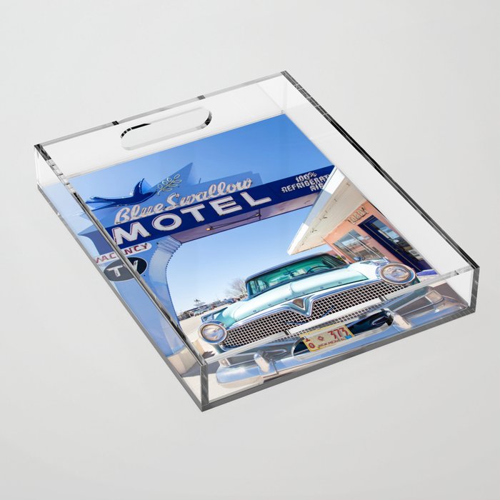 Blue Swallow Motel & Vintage Car - Travel Photography Acrylic Tray