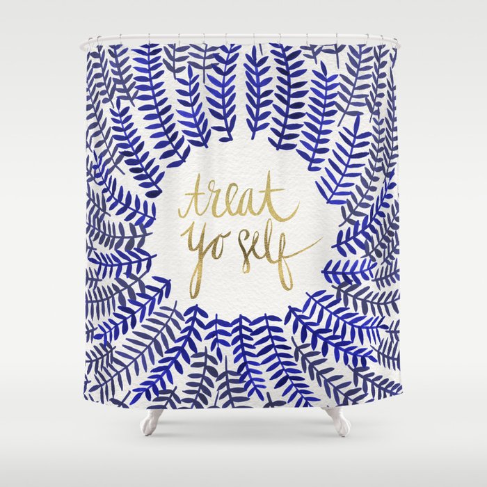 Treat Yo Self Gold & Navy Shower Curtain by catcoq Society6
