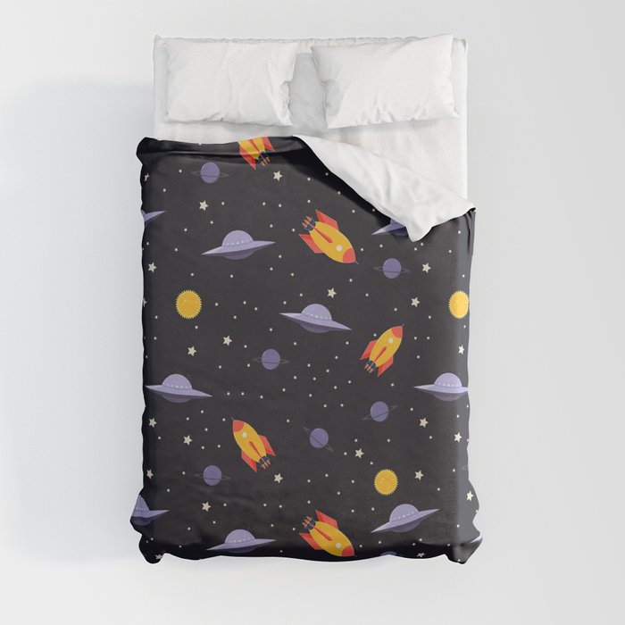 Space,planets,spaceship,moon,stars Duvet Cover