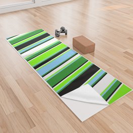 [ Thumbnail: Colorful Forest Green, Light Sky Blue, Green, White, and Black Colored Pattern of Stripes Yoga Towel ]