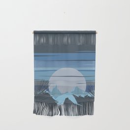 Minimalistic Moody Blue Moonrise In Tropical Mountains Landscape Wall Hanging