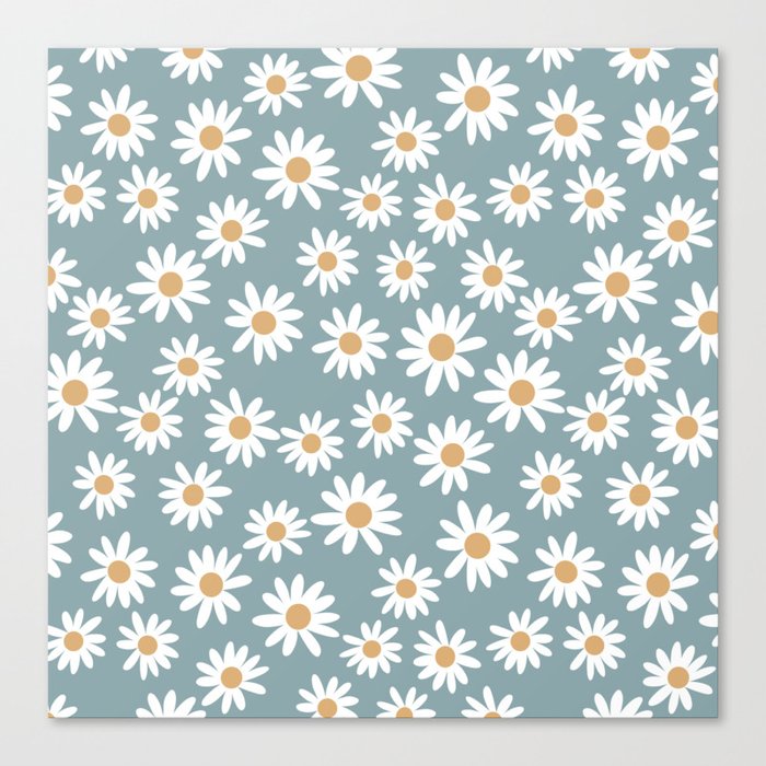 Daisies - daisy floral repeat, daisy flowers, 70s, retro, black, daisy florals dusty blue Canvas Print