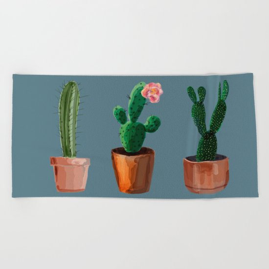 Three Cacti On Blue Background Beach Towel