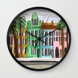 Rainbow Row Charleston South Carolina Watercolor Sketch Wall Clock